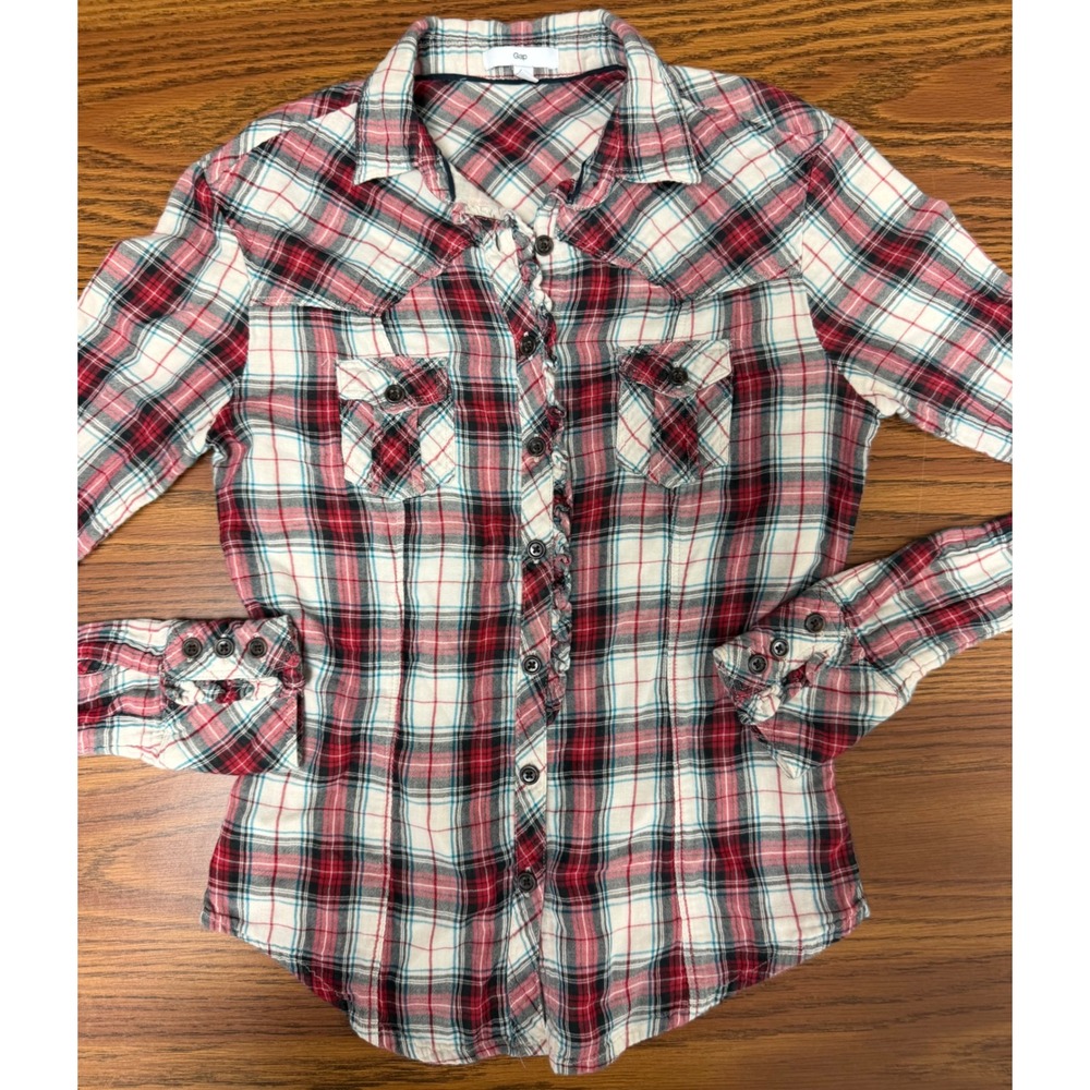 Gap Womens XS Red White Plaid Ruffle Trim Western Button Down Shirt Long Sleeve